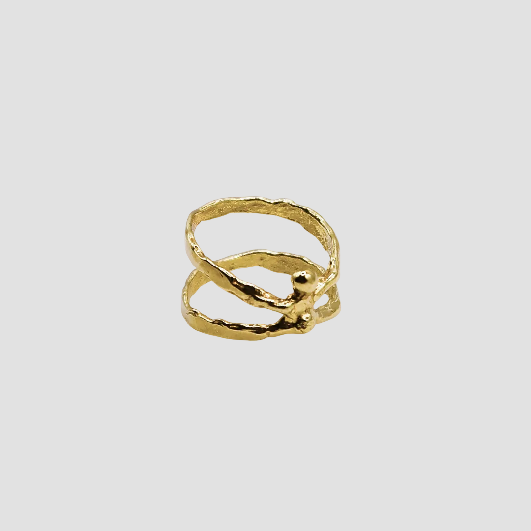 Gold ring on a light gray background